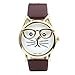 Top Plaza Fashion Women's Platinum Plated Mini Cat Glasses Analog Quartz Watch, PU Leather Strap Gold Tone - Coffee
