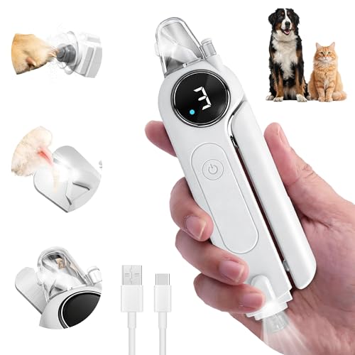 2-in-1 Quiet Electric Cat Nail Clipper & Grinder with Dual LED Lights, 3 Speeds for Large Medium Small Dogs Cats, Type-C Rechargeable, Nail Clipping Splash Guard for Anxious Dogs & Cats (White)
