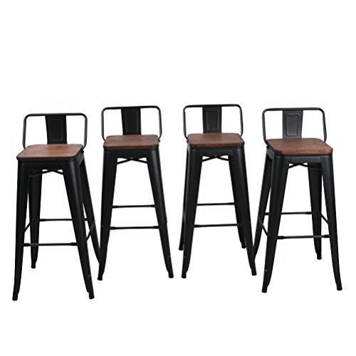 HAOBO Home 30 Low Back Metal Counter Stool Height Bar Stools with Wooden Seat [Set of 4] for Indoor/Outdoor Barstools, Matte Black
