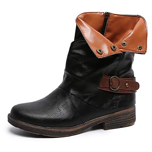 REYO Women Waterproof Snow Boots Round Toe Leather Booties Zipper Square Heel Casual Winter Walking Martin Boot Shoes