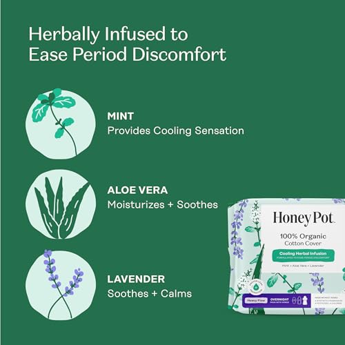 The Honey Pot Company - Herbal Sanitary Pads for Women - Heavy Flow Overnight w/Wings - Infused w/Essential Oils for Cooling Effect & Organic Cotton Cover - Feminine Care - 16 ct