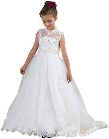 EnjoyDress Keyhole Back Tulle Wedding Flower Girl Pageant Communion Dress 2-14 (8, White)