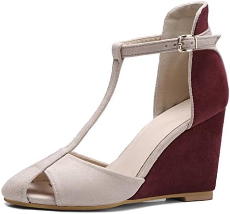 SHOWHOW Women's Charming T-strap Color Block Wedges Platform Sandals Red 7 B(M) US