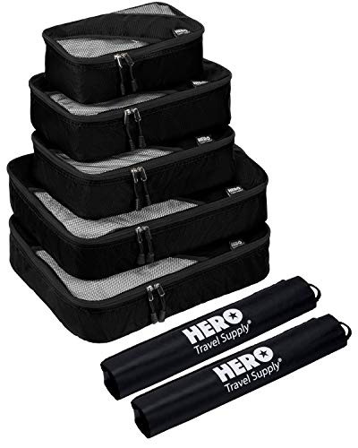 HERO Packing Cubes (5 Set) - Travel Organizers with 2 Bonus Laundry Bags - Includes Ebook on How To Pack A Suitcase by Asher & Lyric