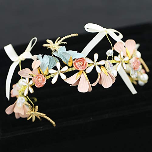 Wreath Flower Girl Headband Pink Handmade Crystal Headdress Wedding Bridal Hair Accessories (Size : 30cm)