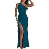 LAGSHIAN Women's Elegant Maxi Dress One Shoulder Sleeveless High Split Ruched Wedding Guest Long Dress