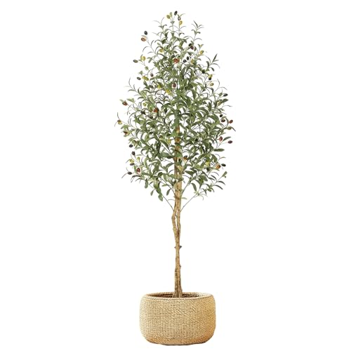 Garvee 180cm Artificial Olive Tree, Faux Plant with Natural Wood Trunks, 1152 UV-Resistant Silk Leaves, White Ceramic Pot with Weighted Base, Farmhouse Floor Decor for Living Room, Entryway, Office