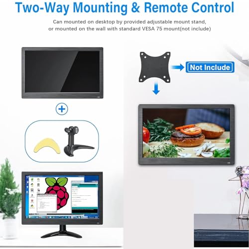 Portatile 11.6’ Monitor IPS HD 1920 * 1080P Plug and Play LED Monitor con VGA/BNC/HDMI/AV/USB/DC Ingresso per PC, Raspberry Pi, Security Camera