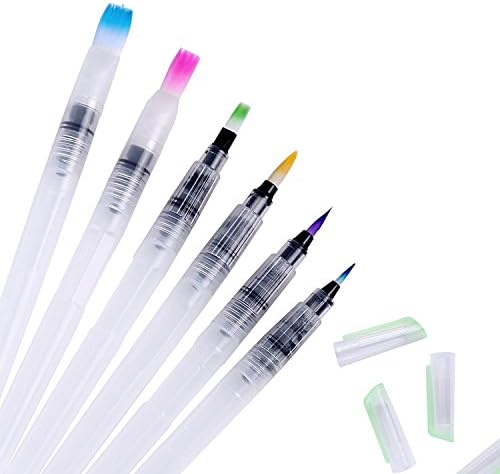 Eschone Water Coloring Brush Pens, Set of 6 Brush Tips for Watercolor Painting, Water Soluble Pencils, Brush Pens, Markers, Solid Colors or Powdered Pigment