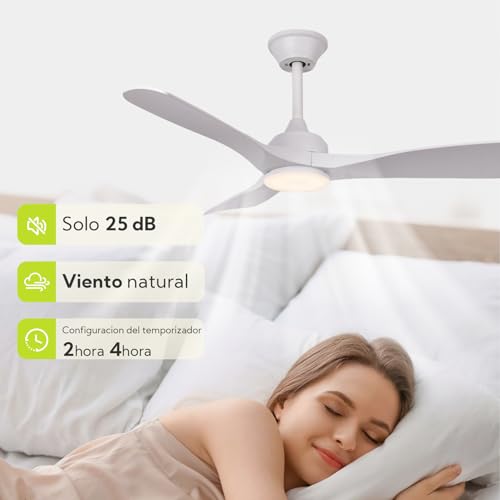 Ventilador de Techo con Luz y Mando a Distancia 106cm, Motor DC Silencioso, 3 Aspas plástico Blanco, Plafón LED Regulable 3 Tonos, Ventilador Moderno de Bajo Consumo, Blanco