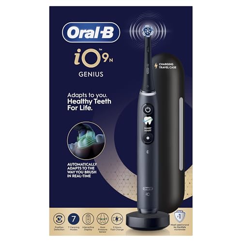 Oral-B Brosse à Dents Electrique iO 9, Brossette de Rechange, Noire – 7 Modes de Brossage dont Blancheur, Soin Gencives, Charge Rapide de la Batterie, Capteur de Pression, Etui de Voyage
