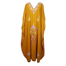 Mogul Interior Womens Caftan Maxi Dress Yellow Embroidered Designer Kaftan One Size