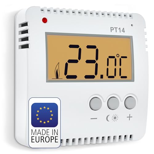 ELEKTROBOCK PT14 Digitaler Raumthermostat 230V | Ein Knopfdruck - Temperaturwechsel | kein programmieren notwendig | großes beleuchtetes LCD Display | Wandthermostat für elektrische Heizungen