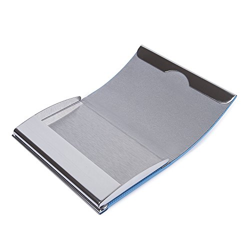 PU Leather And Metal Business Card Holder Name Card Credit ID Case with Magnetic Shut Blue Arc - Thumbnail 4