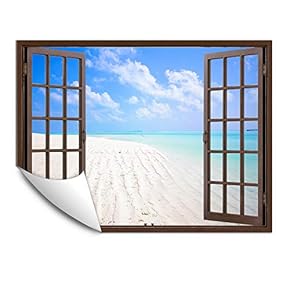 Wall Murals for Bedroom Fake Window Beach Brown Window Removable Wallpaper Peel and Stick Wall Stickers - 24x32 inches