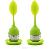 chichic Silicone Loose Tea Infuser Set, Cute Strainer, Steeper with Drip Tray, Best for Leaf or Herbal Tea, Green, Set of 2