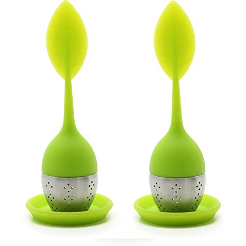 Cherion Set of 2 - Loose Tea Infuser Strainer with Drip Tray - Cute Silicone Leaf Handle As the Lid with Steel Ball Tea Infuser Ball(Green)
