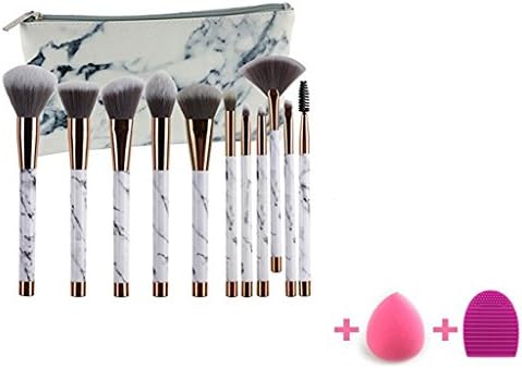 Romote 11 Pcs Marble Makeup Brush Set Include Foundation Powder Blush Eyeshadow Brush With PU Leather Marble Carry Bag, Blender Sponge and Brush Egg (11+2pcs)