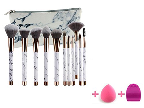 Romote 11 Pcs Marble Makeup Brush Set Include Foundation Powder Blush Eyeshadow Brush With PU Leather Marble Carry Bag, Blender Sponge and Brush Egg (11+2pcs)