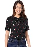 Allegra K Women's Short Sleeves Tie Bow Neck Cherry Printed Blouse