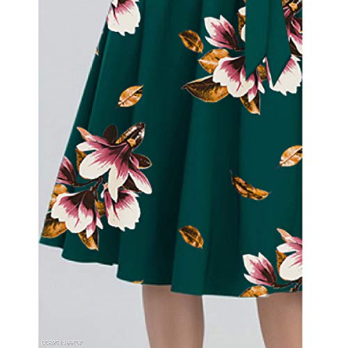 Women's Elegant Scoop Neck Half Sleeve Floral Flare Knee-Length Casual Swing T-Shirt Tunic Dress with Pockets (Green, XXXL)