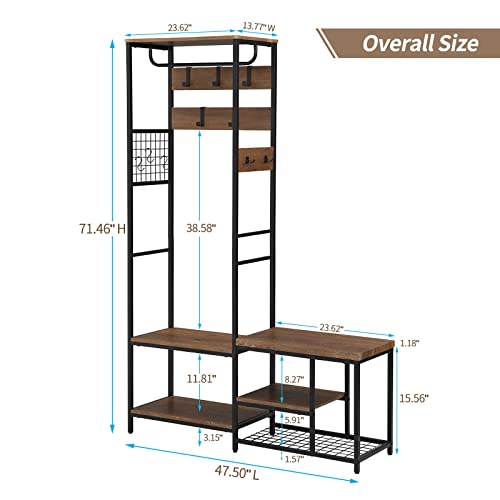 Hall Tree with Shoe Bench, 5in1 Entryway Coat Rack with 3