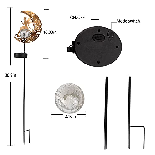 LCHPMY Garden Solar Lights, Metal Moon Fairy Solar Stake Lights with Crackle Glass Ball，Outdoor Decorative Lights Waterproof for Walkway, Yard, Lawn, Patio or Courtyard (1 Pack)
