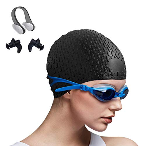 image for Tripsky Silicone Swim Cap with Earplugs Nose Clips,Comfortable Bathing