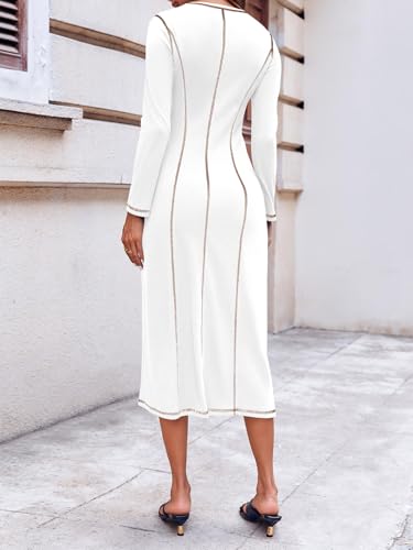 WENRINE WOMENS LONG SLEEVE MAXI DRESS CONTRAST STITCH RIBBED FUZZY CREWNECK SLIM CASUAL FALL DRESSES WHITE
