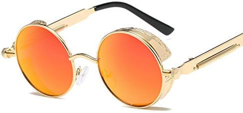 WPAY Retro Steampunk Style Round Sunglasses with Spring Hinges for Women Men (Golden/Red, 47)