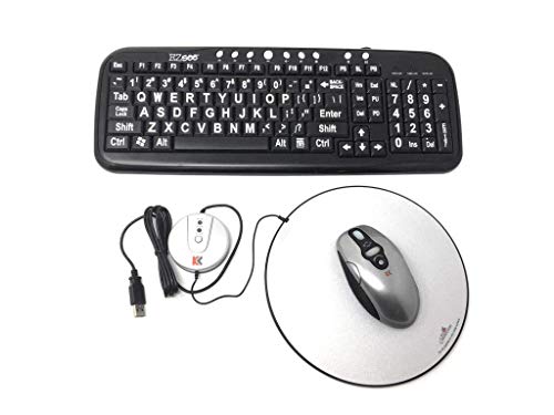 Large Print EZSee by DC - New Improved - USB Wired Computer Keyboard for Low Vision Users- Black Keys with White Letters Bundled With Battery Free Wireless Mouse & Magic Pad (Certified Refurbished)