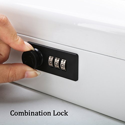 Metal Cantilever Cash Box with Combination Lock, Decaller Large Lock Money Box - 5 Compartments with Cover & 4 Spring-Loaded Clips for Bills, White, 11 4/5" x 9 2/5" x 3 1/2", QH3010L
