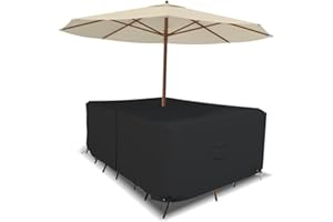 Covers & all Rectangle Table & Chair Set Cover, Umbrella Hole, 12 Oz Waterproof UV & Weather Resistant, Patio Lawn Garden Backyard Furniture, Air Vents & Drawstrings (108"L x 82"W x 23"H, Black)
