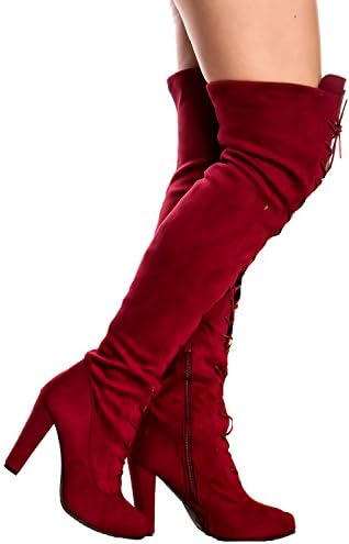 XteselohX MICROFIBER LACE UP SIDE ZIPPER OVER THE KNEE HIGH HEEL BOOTS 10 wine