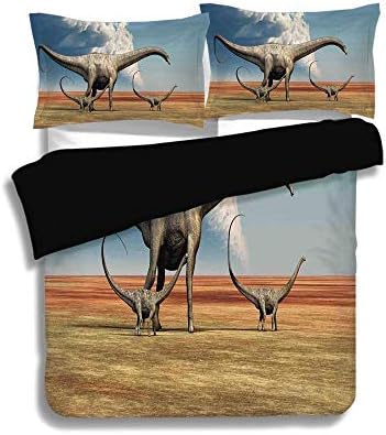YCHY Black Duvet Cover Set Full Size,Jurassic Decor,Mother Diplodocus Dinosaur Walks Along with her Brood of Youngsters Clouds,3 Pcs Bedding Set 2 Pillow Shams
