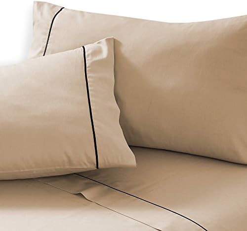 The Pride Collection 100% Cotton 500 Thread Count Luxury Sheets with French Embroidery Stitch Queen Bed Semolina with Golden燬titch