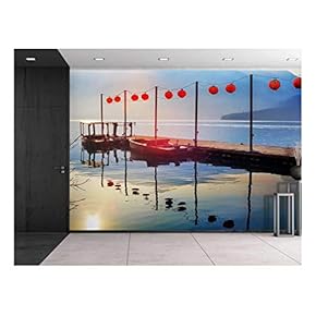 Wall26 - Lanterns on a Bridge Over a Lake with Boats by The Side - Wall Mural, Removable Sticker, Home Decor - 66x96 inches