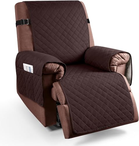 KinCam 100% Waterproof Recliner Chair Cover, Reclining Couch Covers for Pets, Dogs, Recliner Couch Slipcover Furniture Protector with Elastic Straps for Kids, Coffee