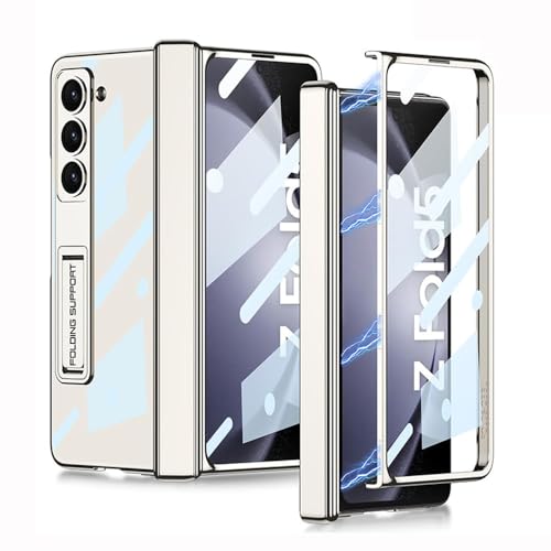 TERRIFI Case for Galaxy Z Fold 5, Magnetic Hinge Coverage Protection, Ultra Thin Transparent Plating Crystal, Built-in 3-Gears Adjustment Kickstand, Front Glass All-Inclusive Case (Clear-Cream White)
