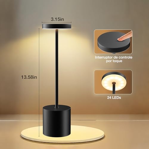 Luminária de Mesa LED Recarregável Na Cor Preto com Três Modos de Luz Dimerizáveis, Ideal para Salas de Jantar, Varandas, Áreas Externas, Quartos E Outros Ambientes