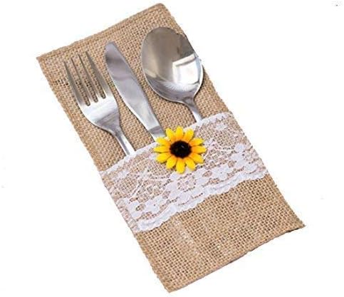 50 PCS Natural Burlap Silverware Napkin Holders with Rustic Sunflower and Lace Cover ,Cutlery Pouch for Vintage Wedding Table Decor or Shower Party Table Setting
