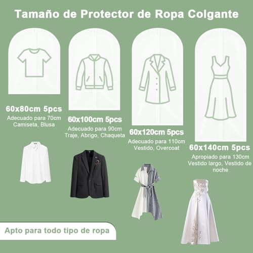 AzzmaAii Protector de Ropa 20pzs Bolsas de Ropa Colgante Funda Ropa de Clóset Cubre Anti-Polvo Almacenamiento Bolsa de Chaqueta con Cremallera Portátil Lavable Cubierta Bolsa Traje Abrigo 60*80-140CM