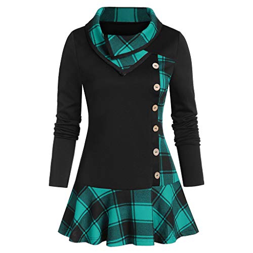 Lutos Plus Size Womens Turtleneck Cowl Neck Tops Button Plaid Patchwork Ruffles Shirts Tunic Long Sleeve Pullover