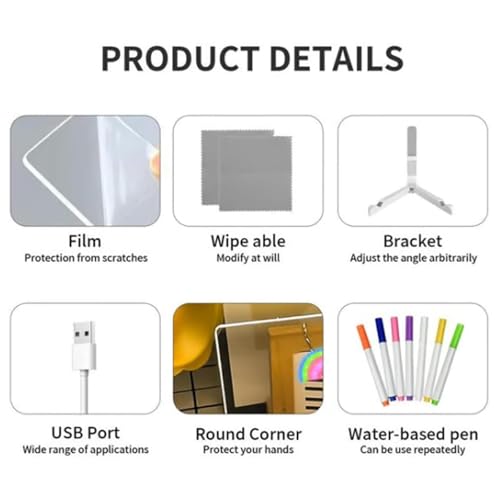 LED Drawing Board, Creative Magical Board with 7 Pcs Colored pen, Home Application and Painting for Doodle Glow, Acrylic Dry Erase Board with Light, 30 * 20 CM