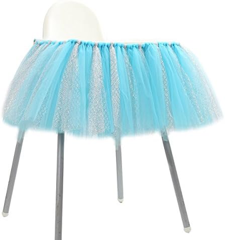 SL crafts Blue Silver Tulle High Chair Tutu Skirt Decoration Baby Shower Birthday Party Supplies 36x13.8 Inch (Blue Silver)
