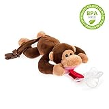 BabyHuggle Monkey Pacifier - Stuffed Animal Binky, Soft Plush Toy with Detachable Silicone Baby Dummy, Paci Clip Leash & Squeaky Sound