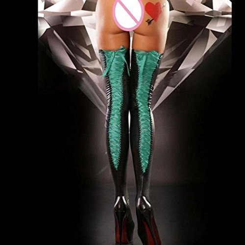 Women's Sexy Stockings,Toponly Women Sexy Club Comfortable Thigh-high Stockings Leather Lace Bow Long Socks (Green, Length:88cm/34.6")