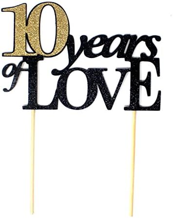 All About Details 10 Years of Love Cake Topper (Black & Gold), 1 PC, 10th year anniversary, Glitter Topper