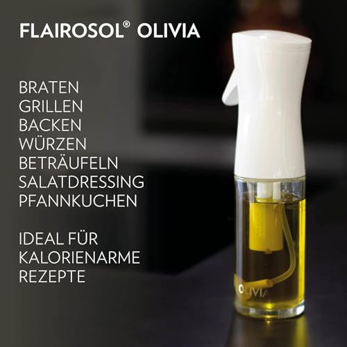 FLAIROSOL Olivia 130 ml Glass Oil Sprayer - Continuous Oil Spray Technology with Portion Control - Versatile Oil Atomiser for Cooking, Salad, Grilling, Baking and Other Scenarios (Golden Logo)