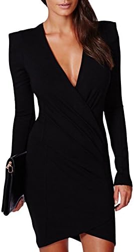 Fashionback Women's Sexy Bodycon Deep V Neck Long Sleeve Midi Pencil Dress Black M
